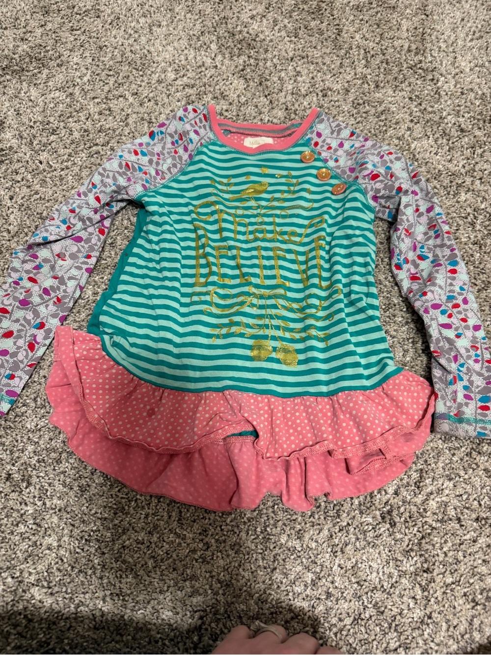 Matilda Jane Teal Striped Long Sleeve Top with Pink Ruffle Hem